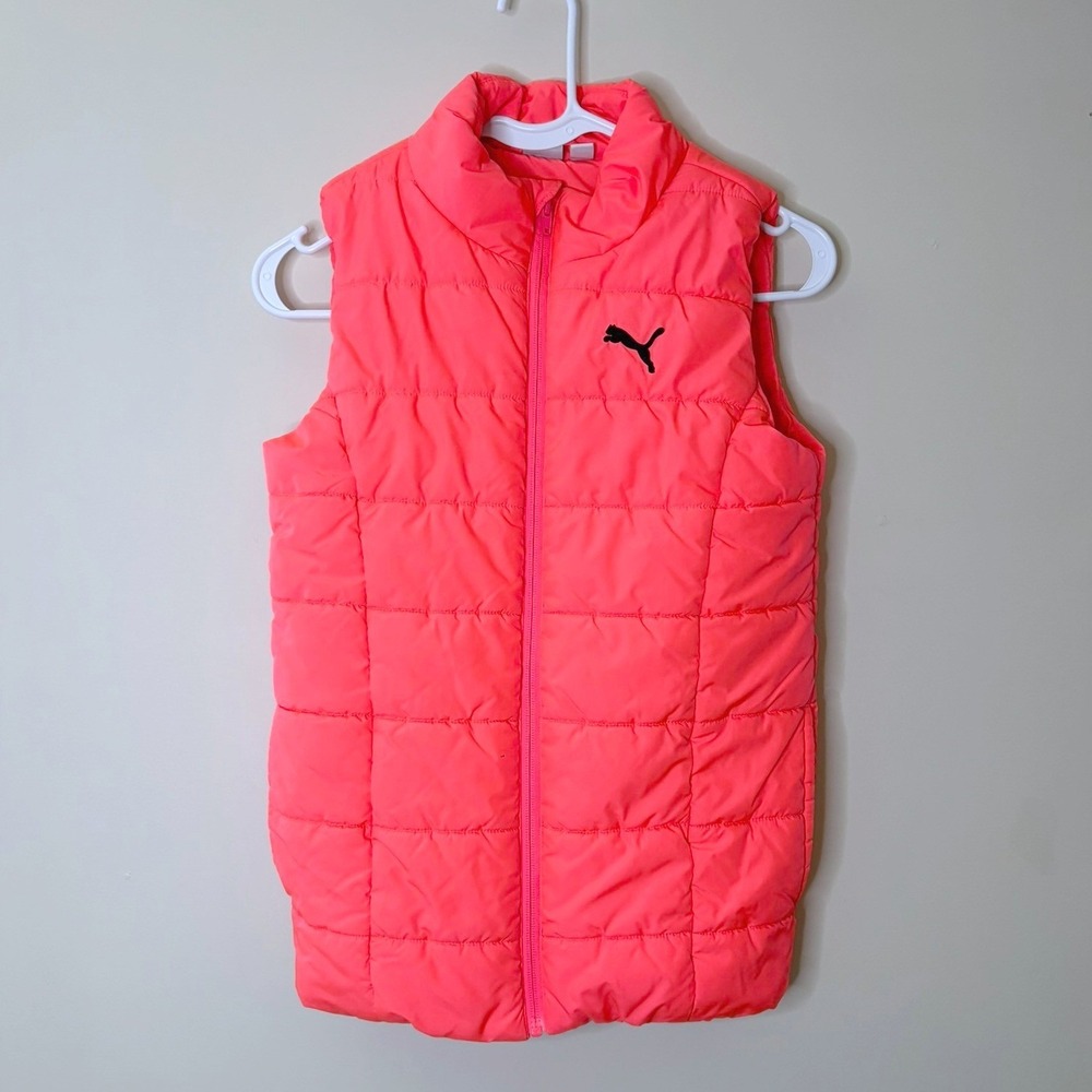 Puma Kids Neon Pink Puffer Vest Full Zip Quilted Sleeveless Size M 10/12